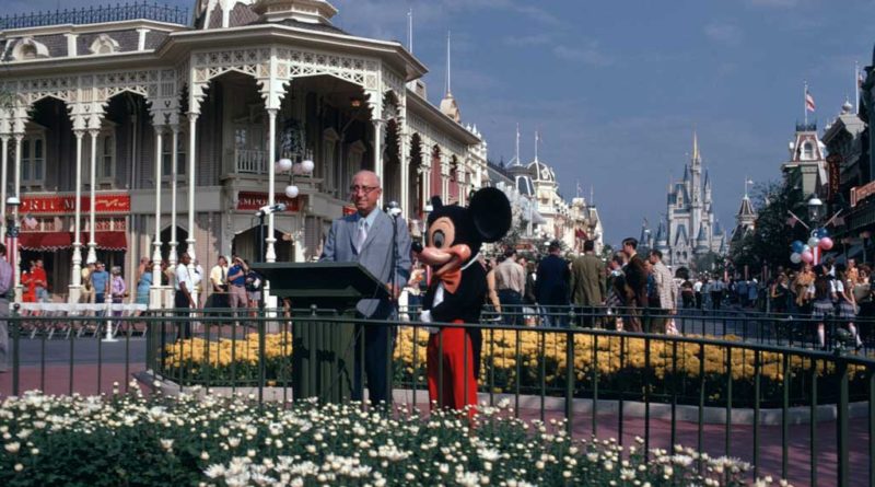 Roy O. Disney and Mickey Mouse at the Oct. 25, 1971, dedication ceremony for Walt Disney World Resort on Main Street, U.S.A., in Magic Kingdom Park in Lake Buena Vista, Fla. (Disney)