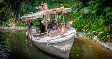 Chimpanzees have taken over the wrecked boat of a safari expedition on the world-famous Jungle Cruise at Disneyland Park. Officially reopening on July 16, 2021, Jungle Cruise will offer new adventures, an expanded storyline and more humor as skippers take guests on a tongue-in-cheek journey along some of the most remote rivers around the world. The new creative concept is original to Walt Disney Imagineering, just like the classic attraction itself. (Christian Thompson/Disneyland Resort)