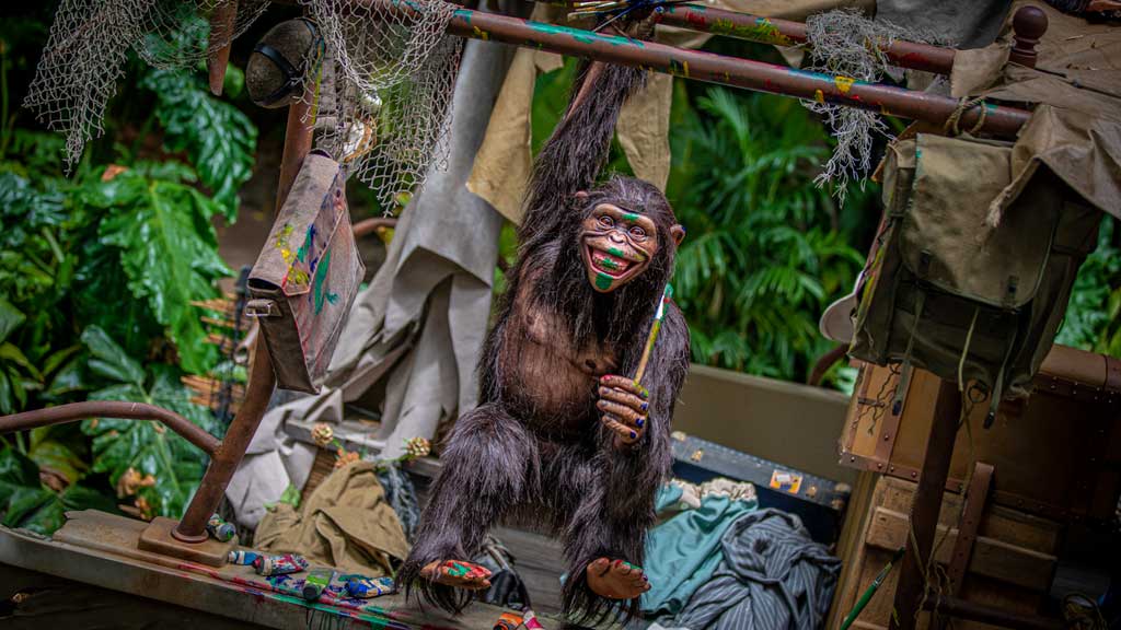 Chimpanzees have taken over the wrecked boat of a safari expedition on the world-famous Jungle Cruise at Disneyland Park. Officially reopening on July 16, 2021, Jungle Cruise will offer new adventures, an expanded storyline and more humor as skippers take guests on a tongue-in-cheek journey along some of the most remote rivers around the world. The new creative concept is original to Walt Disney Imagineering, just like the classic attraction itself. (Christian Thompson/Disneyland Resort)