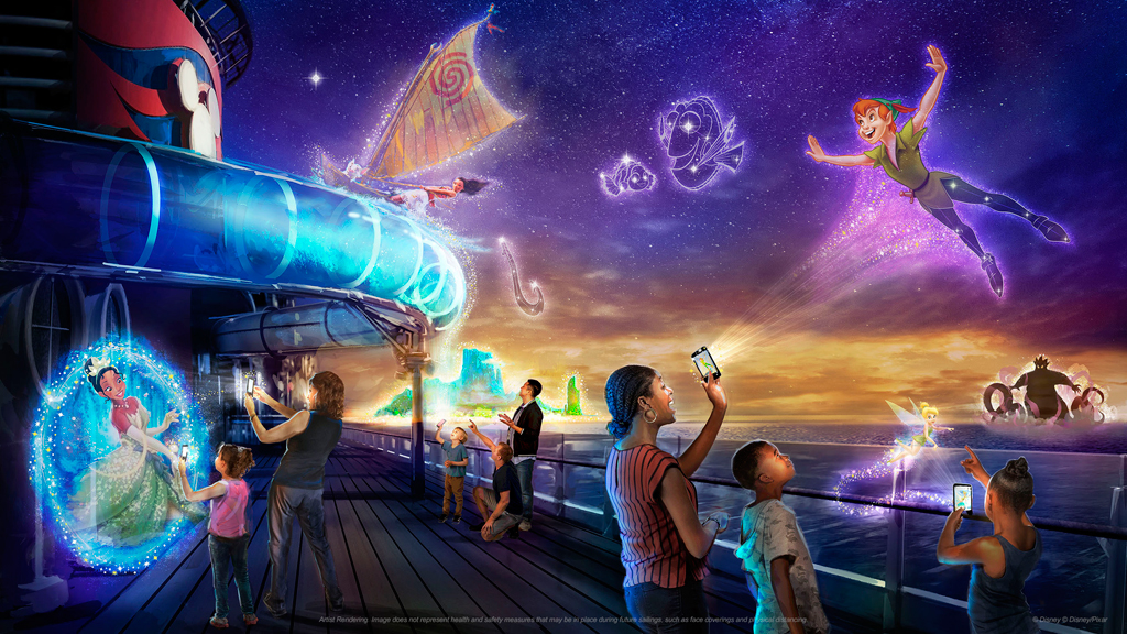 Guests aboard the Disney Wish will unlock the ship’s hidden magic during Disney Uncharted Adventure, a first-of-its-kind interactive experience. Using innovative technology like augmented reality and physical effects, Disney Uncharted Adventure will take classic Disney storytelling into an all-new realm of immersive family fun as guests embark on a multidimensional voyage into the worlds of Moana, Tiana, Peter Pan, Nemo and more. (Disney) 