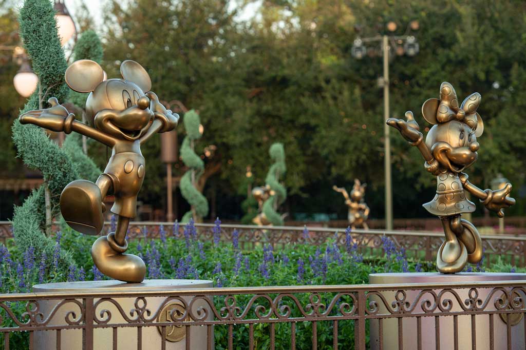 Mickey Mouse and Minnie Mouse are two of the “Disney Fab 50” golden character sculptures appearing in all four Walt Disney World Resort theme parks in Lake Buena Vista, Fla., as part of “The World’s Most Magical Celebration,” beginning Oct. 1, 2021, in honor of the resort’s 50th anniversary. (David Roark, photographer)