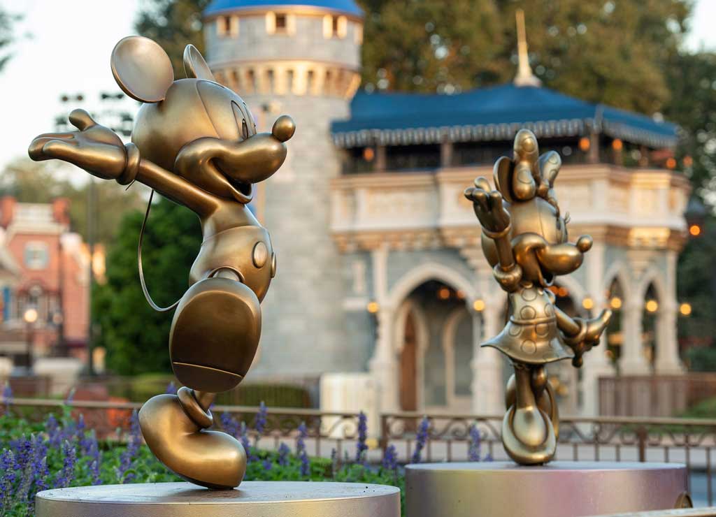 Mickey Mouse and Minnie Mouse are two of the “Disney Fab 50” golden character sculptures appearing in all four Walt Disney World Resort theme parks in Lake Buena Vista, Fla., as part of “The World’s Most Magical Celebration,” beginning Oct. 1, 2021, in honor of the resort’s 50th anniversary. (David Roark, photographer)