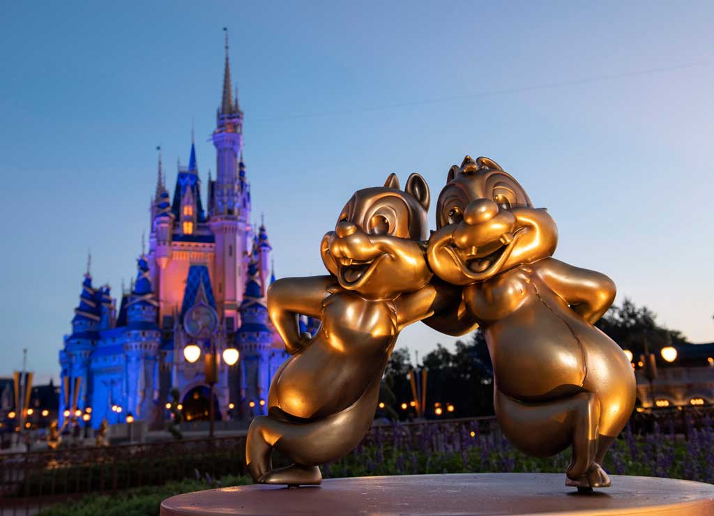 Chip ‘n’ Dale are two of the “Disney Fab 50” golden character sculptures appearing in all four Walt Disney World Resort theme parks in Lake Buena Vista, Fla., as part of “The World’s Most Magical Celebration,” beginning Oct. 1, 2021, in honor of the resort’s 50th anniversary. (David Roark, photographer)