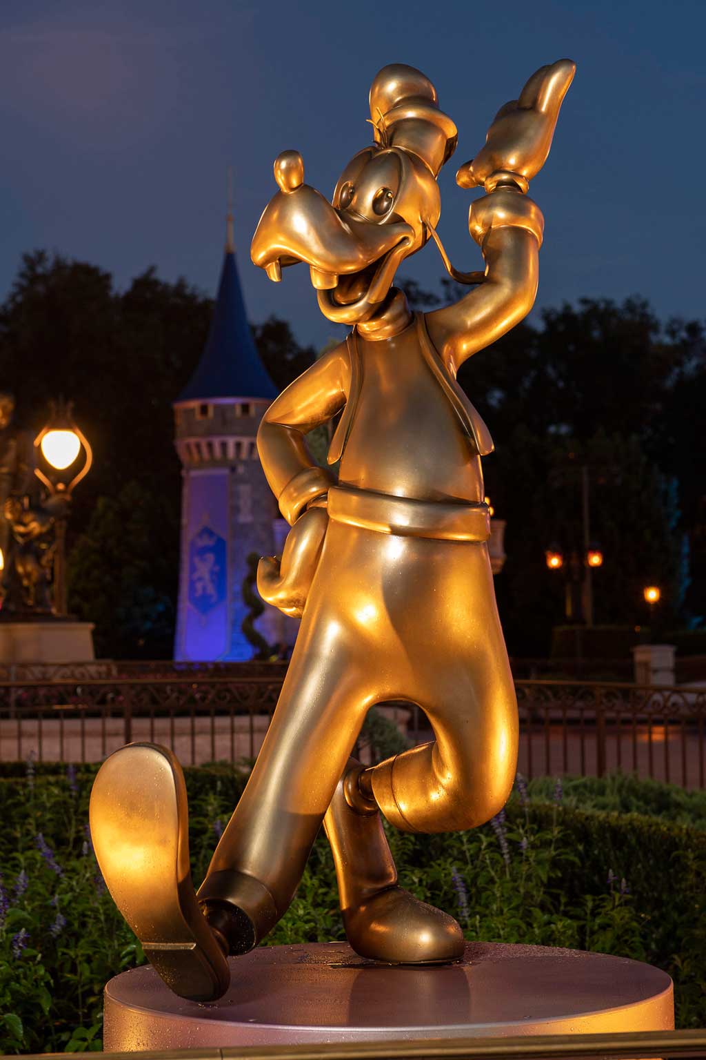 Goofy at Magic Kingdom Park is one of the “Disney Fab 50” golden character sculptures appearing in all four Walt Disney World Resort theme parks in Lake Buena Vista, Fla., as part of “The World’s Most Magical Celebration,” beginning Oct. 1, 2021, in honor of the resort’s 50th anniversary. (David Roark, photographer)