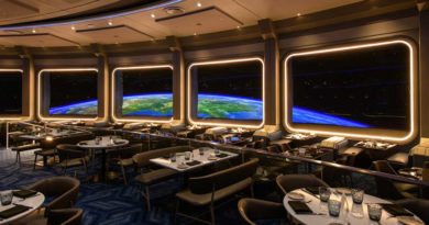 Space 220 Restaurant offers the “height of dining” at EPCOT at Walt Disney World Resort in Lake Buena Vista, Fla. The first-of-its-kind concept opens Sept. 27, 2021, inviting guests to feel as if they travel 220 miles above Earth to the Centauri Space Station for lunch or dinner. (Todd Anderson, photographer)