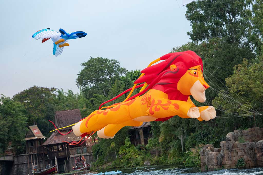 New daytime entertainment is stirring at Disney’s Animal Kingdom Theme Park, as “Disney KiteTails” comes alive several times daily beginning Oct. 1, 2021, at Walt Disney World Resort in Lake Buena Vista, Fla. Performers fly windcatchers and kites of all shapes and sizes, while out on the water elaborate three-dimensional kites – some stretching to 30 feet long – depict Disney animal friends, including Simba, Zazu, Baloo and King Louie. These colorful creations dance through the sky to the beat of favorite Disney songs in an uplifting, vibrant experience for the whole family. (David Roark, photographer)