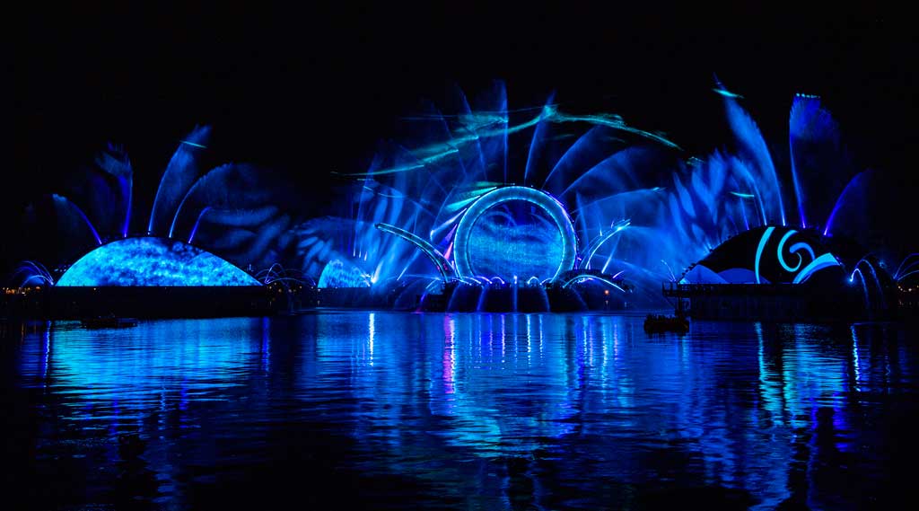 “Harmonious” at EPCOT is one of the largest nighttime spectaculars ever created for a Disney theme park. Debuting Oct. 1, 2021, at Walt Disney World Resort in Lake Buena Vista, Fla., the show celebrates the way Disney music inspires people the world over, carrying them away on a stream of familiar songs reinterpreted by a culturally diverse group of 240 artists from around the globe. “Harmonious” features massive floating set pieces, custom-built LED panels, choreographed moving fountains, lights, pyrotechnics, lasers and more. (David Roark, photographer)