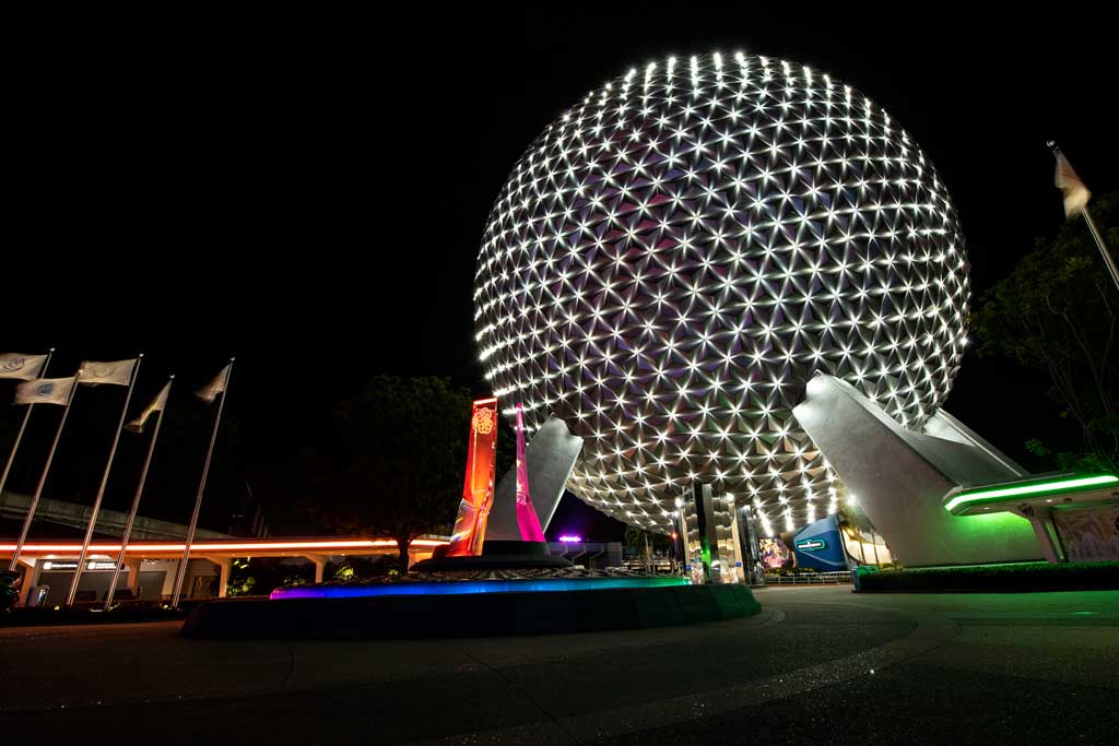 New lights shine across the reflective panels of Spaceship Earth, connecting to one another like stars in a nighttime sky and creating a mesmerizing symbol of optimism when it transforms into a Beacon of Magic at EPCOT at Walt Disney World Resort in Lake Buena Vista, Florida, during the resorts 50th anniversary celebration. (David Roark, photographer)