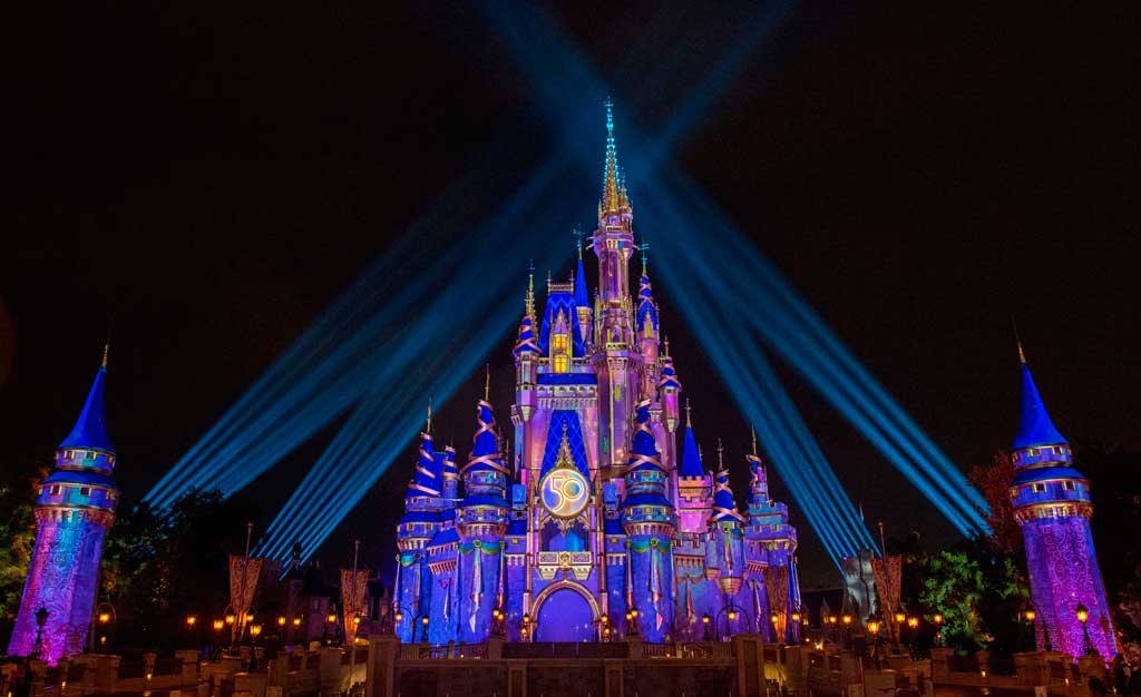 Cinderella Castle illuminates with a dazzling radiance and pixie-dust sparkle when it transforms into a Beacon of Magic at Magic Kingdom Park at Walt Disney World Resort in Lake Buena Vista, Florida, as part of the resorts 50th anniversary celebration. (David Roark, photographer)