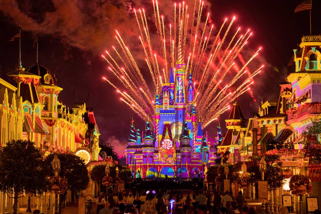 “Disney Enchantment” at Magic Kingdom Park, debuts Oct. 1, 2021, at Walt Disney World Resort in Lake Buena Vista, Fla. The new nighttime spectacular features stunning fireworks, powerful music, enhanced lighting and, for the first time, immersive projection effects that extend from Cinderella Castle down Main Street, U.S.A. (Kent Phillips, photographer)