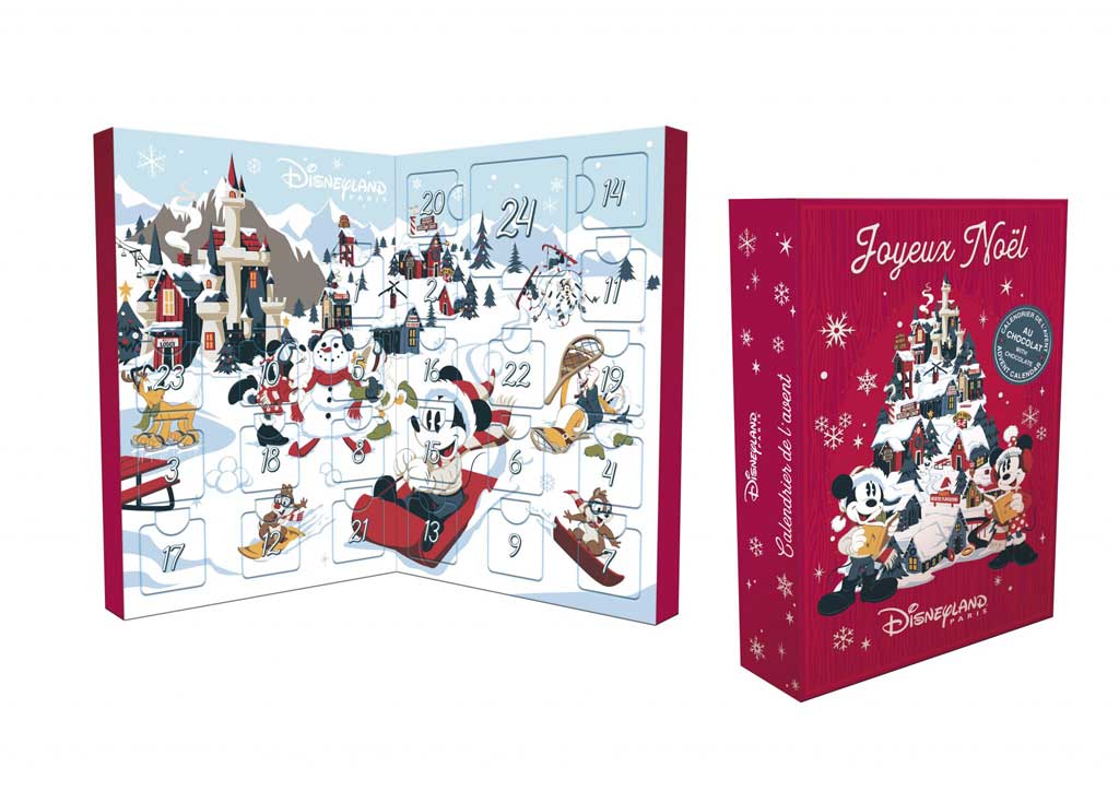 Traditional Advent Calendar filled with chocolates, which opens like a book and takes on a traditional winter scene with Mickey, Minnie and Friends (20€)