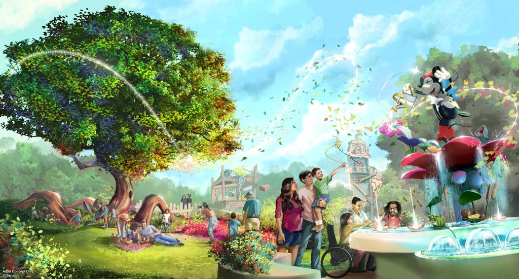 One of the new areas coming to MickeyÕs Toontown at Disneyland Park in early 2023 will be CenTOONial Park, the first space guests will see when they enter. This natural space will be anchored by two interactive play experiences. At the center of CenTOONial Park will be a fountain, designed for play, which will also become a center icon for MickeyÕs Toontown. As its base, water tables will invite guests to play with the water and have a sensory experience. At night, the fountain will be brought to life in a unique spectacle. A nearby dreaming tree will be inspired by the tree a young Walt Disney would daydream under in his hometown. Sculpted tree roots will provide an opportunity for children to play, crawl and explore, and undulating topography will offer rolling hills and a place to sit and dream. Read more on the Disney Parks Blog. (Artist Concept/Disneyland Resort)