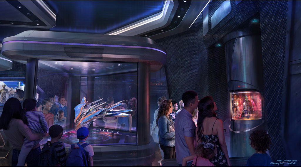 When Guardians of the Galaxy: Cosmic Rewind opens in summer 2022 at EPCOT at Walt Disney World Resort in Lake Buena Vista, Fla., guests will be invited into the “other-world” Wonders of Xandar pavilion, where they will walk through the Xandar Gallery as seen in this artist concept rendering. Here they will learn about the Xandarian people and culture, including their heroes such as the Guardians of the Galaxy. (Disney/MARVEL)