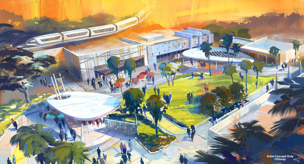 The Downtown Disney District at the Disneyland Resort in Anaheim, Calif., is about to embark on its next evolution of innovative shopping, dining and entertainment experiences, with work beginning in January 2022. The former AMC Theatres building and adjacent area will be completely transformed into a stunning new lifestyle space. Drawing inspiration from Southern California mid-century modern architecture, the area will be a beautiful blend of vibrant color palettes, multi-cultural design elements and patterns, an open lawn for relaxation and future events, and an even broader collection of dining and shopping.  (Artist Concept/Disneyland Resort)