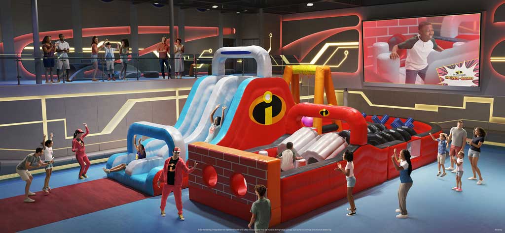Introducing a completely new category of active family play to the Disney Cruise Line portfolio, Hero Zone is a futuristic sports arena where physical activity will blend with imagination, offering highly produced show experiences in addition to free-play sports. (Disney) 