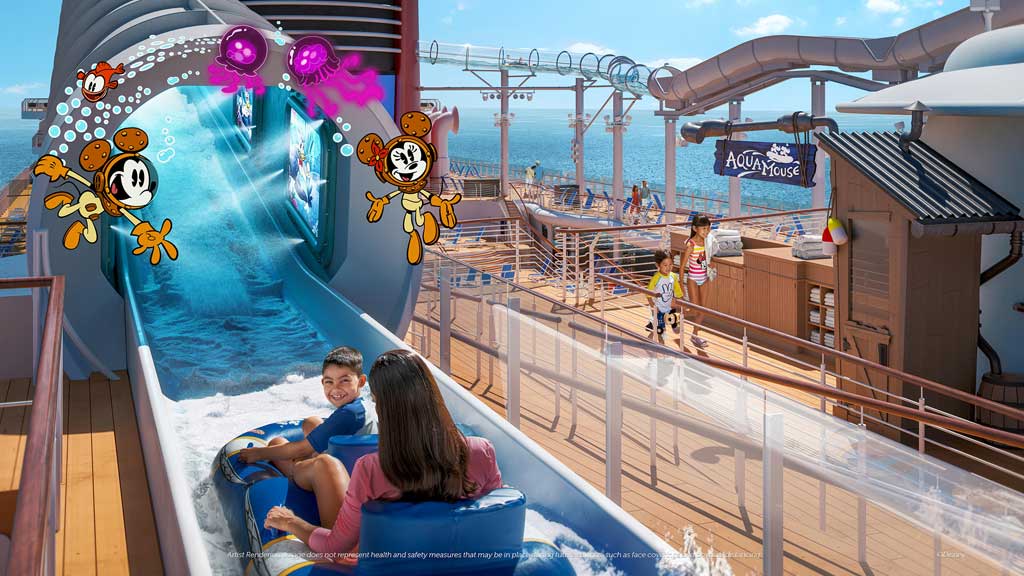 Guests will be immersed in “The Wonderful World of Mickey Mouse” animated shorts aboard the first-ever Disney attraction at sea, AquaMouse. Complete with show scenes, lighting and special effects, and splashtacular surprises, this wild water ride is sure to delight everyone in the family as they zig, zag and zoom through 760 feet of winding tubes suspended high above the upper decks. (Disney) 