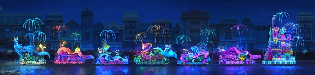 In honor of the 50th anniversary of the “Main Street Electrical Parade,” this nighttime spectacular will return to Disneyland Park, April 22, 2022. Inspired by the original design of the parade, plus Disney Legend Mary Blair’s iconic art style on “it’s a small world,” the new grand finale will bring together classic and contemporary favorites, led by the Blue Fairy from “Pinocchio.” Depicted here on one side of the parade route, guests may see moments from (l-r), “Hercules,” “Coco,” “Moana,” “Pocahontas,” “Raya and the Last Dragon,” and “Aladdin.” On the opposite side, (l-r), guests may enjoy sights of “Brave,” “The Princess and the Frog,” “Mulan,” “Frozen,” “The Jungle Book,” and “Encanto.” It will all come to a dazzling conclusion with a colorful, whimsical version of Sleeping Beauty Castle. These stories will be interpreted in thousands of sparkling lights and electro-synthe-magnetic musical sound, with unique representations of beloved characters as animated dolls. (Artist Concept/Disneyland Resort)