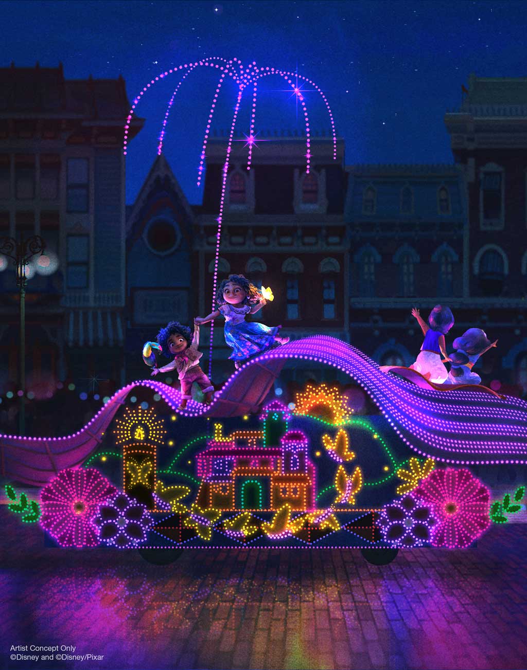 In honor of the 50th anniversary of the “Main Street Electrical Parade,” this nighttime spectacular will return to Disneyland Park, April 22, 2022. Inspired by the original design of the parade, plus Disney Legend Mary Blair’s iconic art style on “it’s a small world,” the new grand finale will bring together classic and contemporary favorites, led by the Blue Fairy from “Pinocchio.” Depicted here on one side of the parade route, guests may see moments from (l-r), “Hercules,” “Coco,” “Moana,” “Pocahontas,” “Raya and the Last Dragon,” and “Aladdin.” On the opposite side, (l-r), guests may enjoy sights of “Brave,” “The Princess and the Frog,” “Mulan,” “Frozen,” “The Jungle Book,” and “Encanto.” It will all come to a dazzling conclusion with a colorful, whimsical version of Sleeping Beauty Castle. These stories will be interpreted in thousands of sparkling lights and electro-synthe-magnetic musical sound, with unique representations of beloved characters as animated dolls. (Artist Concept/Disneyland Resort) 