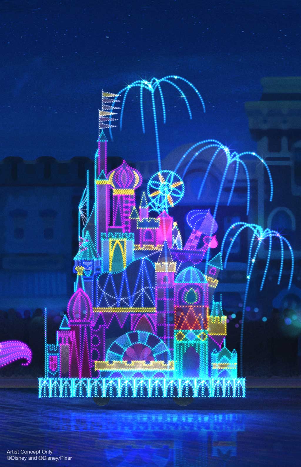 In honor of the 50th anniversary of the “Main Street Electrical Parade,” this nighttime spectacular will return to Disneyland Park, April 22, 2022. Inspired by the original design of the parade, plus Disney Legend Mary Blair’s iconic art style on “it’s a small world,” the new grand finale will bring together classic and contemporary favorites, led by the Blue Fairy from “Pinocchio.” Depicted here on one side of the parade route, guests may see moments from (l-r), “Hercules,” “Coco,” “Moana,” “Pocahontas,” “Raya and the Last Dragon,” and “Aladdin.” On the opposite side, (l-r), guests may enjoy sights of “Brave,” “The Princess and the Frog,” “Mulan,” “Frozen,” “The Jungle Book,” and “Encanto.” It will all come to a dazzling conclusion with a colorful, whimsical version of Sleeping Beauty Castle. These stories will be interpreted in thousands of sparkling lights and electro-synthe-magnetic musical sound, with unique representations of beloved characters as animated dolls. (Artist Concept/Disneyland Resort)