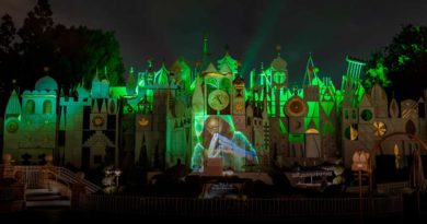 For a limited time beginning April 11, 2022, the iconic faade of ÒitÕs a small worldÓ at Disneyland Park becomes enchanted several times each evening with a brief visual montage that pays tribute to Walt Disney Animation StudiosÕ ÒEncantoÓ hit song, ÒWe DonÕt Talk About Bruno.Ó This musical delight comes to life through projection and lighting effects and an artistic style inspired by the lyrics, with select moments that feature characters from the film. Like the Madrigal familyÕs Casita, tiles across the ÒitÕs a small worldÓ faade flip, turn, and rearrange themselves as one scene transitions to the next, culminating in a celebratory chorus and a nod to BrunoÕs mysterious prophecy about Mirabel. Walt Disney Animation StudiosÕ ÒEncantoÓ recently won the Academy Award¨ for best animated feature at this yearÕs Oscars¨, and a new sing-along version of the film is streaming on Disney+. (Christian Thompson/Disneyland Resort)