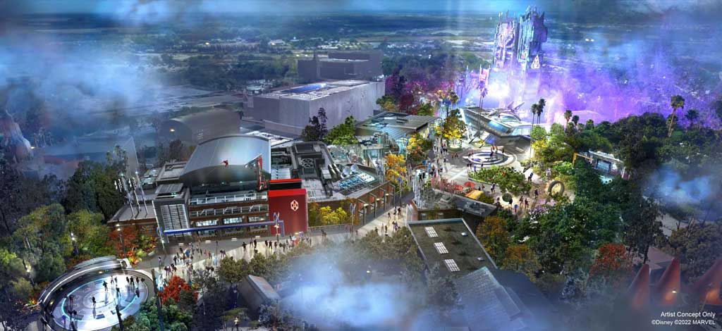 Expansion of Avengers Campus At D23 Expo 2022, details were shared around a third future attraction coming to Avengers Campus at Disney California Adventure park. This new attraction will be a thrilling adventure where guests will get to team up with more of the Avengers and their allies to battle against foes from across the Multiverse, including King Thanos, a villain designed specifically for the attraction. (Artist Concept)