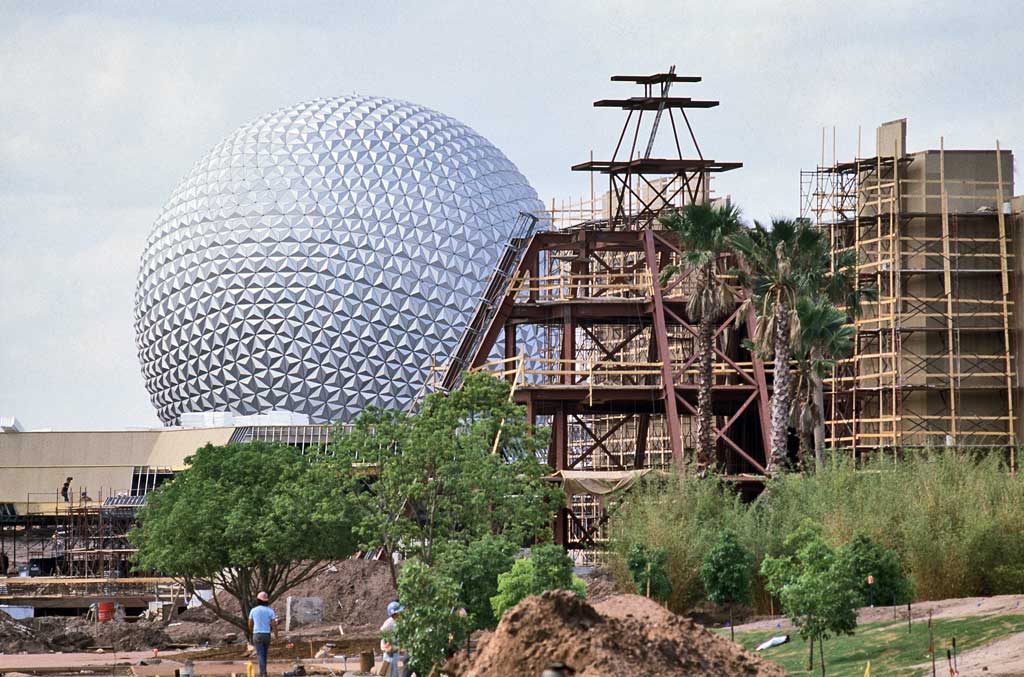 In 1982, construction continues on the Mexico Pavilion in EPCOT at Walt Disney World Resort in Lake Buena Vista, Fla. The new theme park officially opened on Oct. 1, 1982. (Disney)