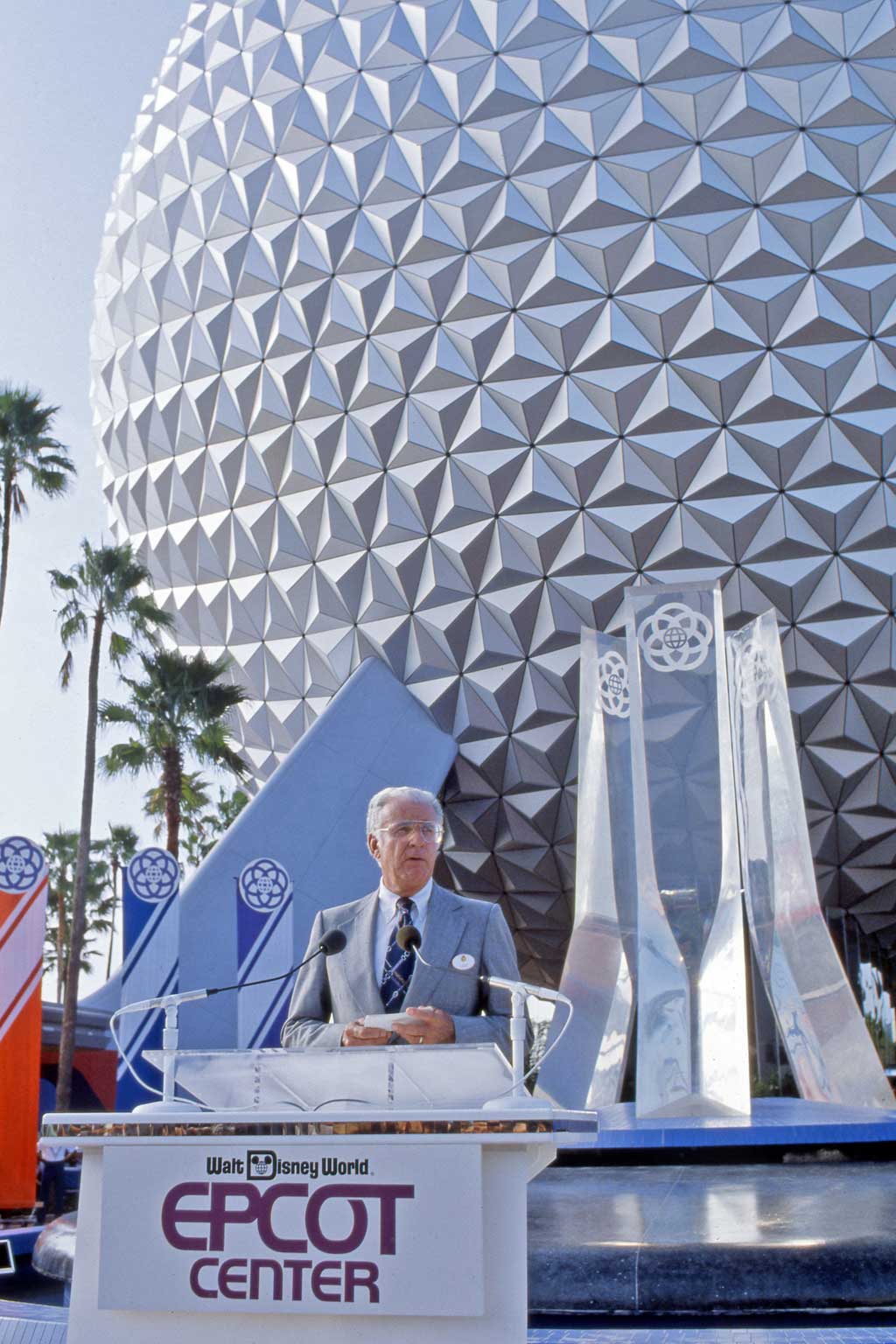 Chairman and CEO of Walt Disney Productions Card Walker officially dedicates EPCOT on Oct. 24, 1982 at Walt Disney World Resort in Lake Buena Vista, Fla. (Disney)