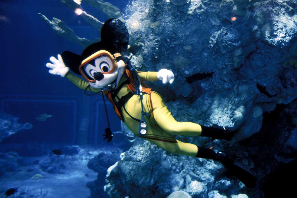 Mickey Mouse scuba dives at The Living Seas in 1986 at EPCOT at Walt Disney World Resort in Lake Buena Vista, Fla. (Disney)