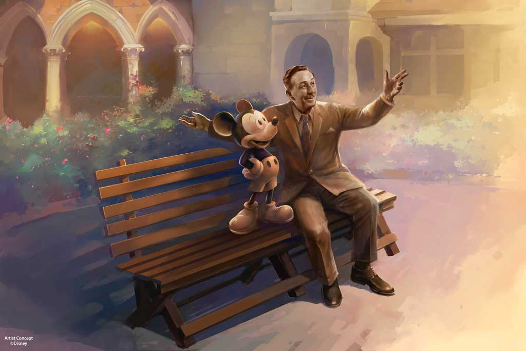 Walt and Mickey Statue Hong Kong Disneyland will unveil a new statue of Walt Disney and Mickey Mouse in 2023 as part of Disney’s 100th anniversary celebration. With Mickey by his side, Walt will watch Cinderella Carousel and dream about what the future may hold. (Artist Concept)