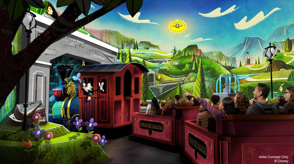  Disneyland Park guests will be able to step into a cartoon world and join Mickey and his friends on Mickey & Minnie's Runaway Railway, coming to Mickey's Toontown Jan. 27, 2023. This first major Mickey-themed ride-through attraction at Disneyland park will put guests inside the wacky and unpredictable world of a Mickey Mouse Cartoon Short where anything can happen. Once guests step into the cartoon world of Mickey and Minnie, they will board a train with Goofy as the engineer. Then, one magical moment after the next leads to a zany, out-of-control adventure filled with surprising twists and turns. Disneyland Resort is located in Anaheim, Calif. (Disneyland Resort) 