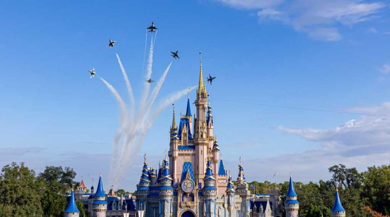 U.S. Air Force Thunderbirds fly over Cinderella Castle at Magic Kingdom Park at Walt Disney World Resort in Lake Buena Vista, Fla., Oct. 27, 2022, as a prelude to the beginning of National Veterans and Military Families Month in November. (Courtney Kiefer, Photographer)