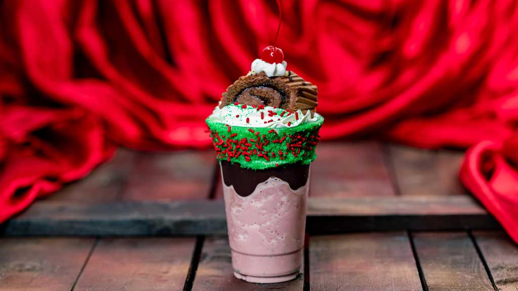 Chocolate-Cherry Yule Log Shake (Schmoozies at Disney California Adventure Park in Anaheim, Calif.) - Topped with a slice of hazelnut-chocolate yule log.