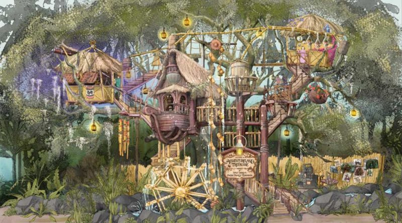 Paying tribute to the original treehouse that Walt Disney and his Imagineers built in 1962 for “Swiss Family Robinson” at Disneyland Park in Anaheim, Calif., the Adventureland Treehouse inspired by Walt Disney’s Swiss Family Robinson will return in a fresh, new way in 2023. The Adventureland Treehouse will showcase wondrous new environments created amongst the branches of a giant tree on the shores of the Jungle River, where guests will once again enter by the giant waterwheel and follow the wood rope stairways up, up, up into the boughs. For more details, visit the DisneyParksBlog.com. (Artist Concept/Disneyland Resort)