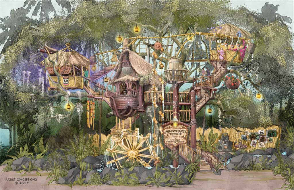 Paying tribute to the original treehouse that Walt Disney and his Imagineers built in 1962 for “Swiss Family Robinson” at Disneyland Park in Anaheim, Calif., the Adventureland Treehouse inspired by Walt Disney’s Swiss Family Robinson will return in a fresh, new way in 2023. The Adventureland Treehouse will showcase wondrous new environments created amongst the branches of a giant tree on the shores of the Jungle River, where guests will once again enter by the giant waterwheel and follow the wood rope stairways up, up, up into the boughs. For more details, visit the DisneyParksBlog.com. (Artist Concept/Disneyland Resort) 
