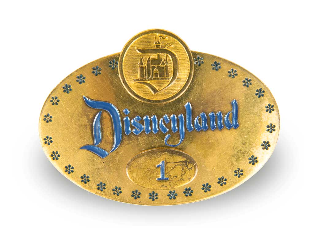 Disneyland Employee Badge #1 (1955), issued to Walt Disney Disneyland Employee Badge # 1 was worn briefly by Walt Disney during rehearsal for Disneyland’s Opening Day in 1955 and, later, on television in The Disneyland Tenth Anniversary Show (1965). Disneyland Cast Members wore similar badges from 1955 through 1962, establishing a long-standing tradition of becoming proud ambassadors of Disney culture when wearing their Disneyland name tags.