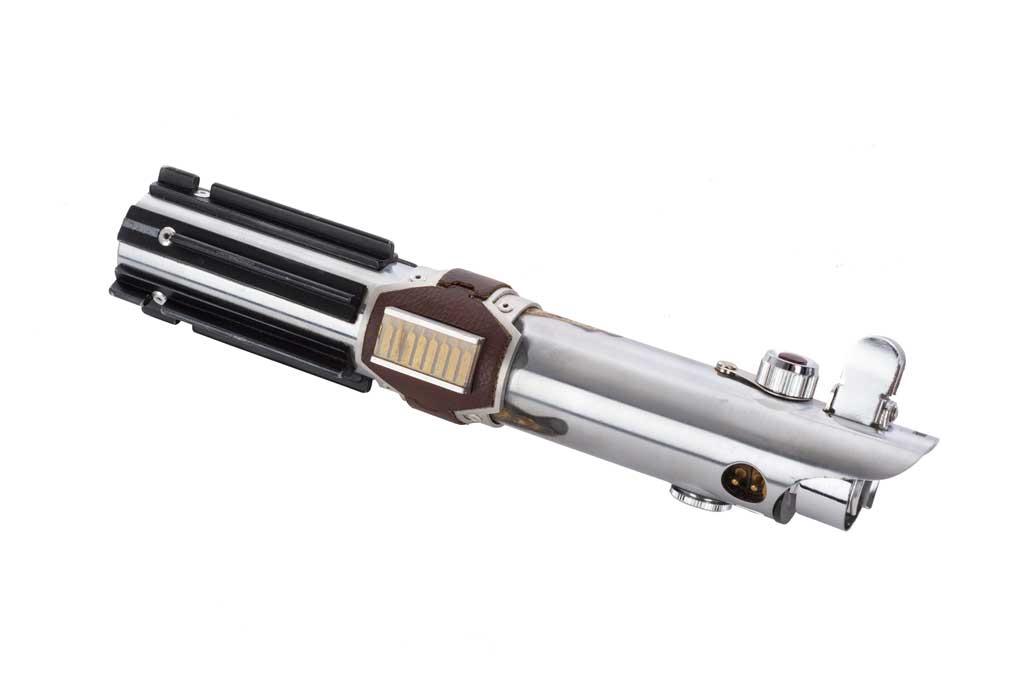 Skywalker Lightsaber Hilt from Star Wars: The Rise of Skywalker (2019), used by Daisy Ridley Once wielded by Anakin Skywalker, and later inherited by Luke and mysteriously gifted to Rey, filmmakers recreated the Skywalker Lightsaber hilt for Star Wars: The Rise of Skywalker (2019) in its repaired form, still emulating the real-world Graflex camera flash holder from which the original was fabricated.