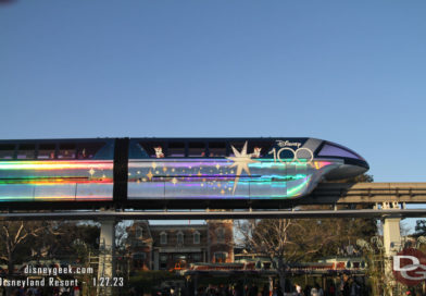 Pictures & Video: Disneyland Monorail Blue with Disney100 Wrap Passing Through Esplanade