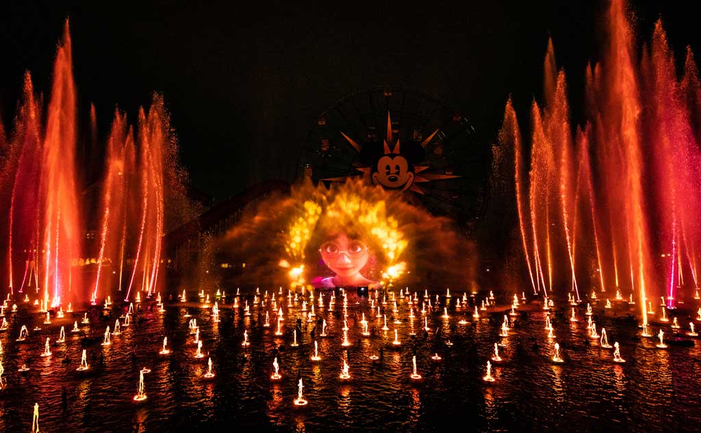 “World of Color – ONE” at Disney California Adventure Park On Jan. 27, 2023, “World of Color – ONE” will debut at Disney California Adventure Park in Anaheim, Calif., as part of the Disney100 anniversary celebration at the Disneyland Resort. This nighttime spectacular by Disney Live Entertainment tells the powerful story of how a single action – like a drop of water – creates a ripple that can grow into a wave of change. Paradise Bay is transformed with a dazzling array of fountains, lighting, lasers, fog and flame effects, harmonized with songs and stories of courageous, loving and inspiring characters who dared to be wavemakers and change the world. (Christian Thompson/Disneyland Resort)