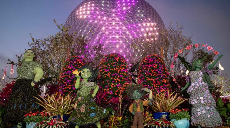 Beginning March 1, guests can enjoy a springtime event filled with enchanting topiaries, brilliant gardens, fresh flavors and lively entertainment at the EPCOT International Flower & Garden Festival. For the first time, innovative topiaries of Mirabel, Antonio, Isabela and Luisa from the Disney animated film “Encanto” will greet guests at the main entrance of EPCOT. (David Roark, photographer)