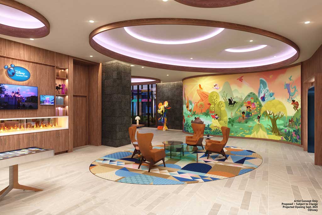 Guests can expect to see beloved Disney characters and stories reflected in the theming of The Villas at Disneyland Hotel in Anaheim, Calif., including a one-of-a-kind mural in the lobby created by Disney Animation artist Lorelay Bové. (Artist Concept/Walt Disney Imagineering) 