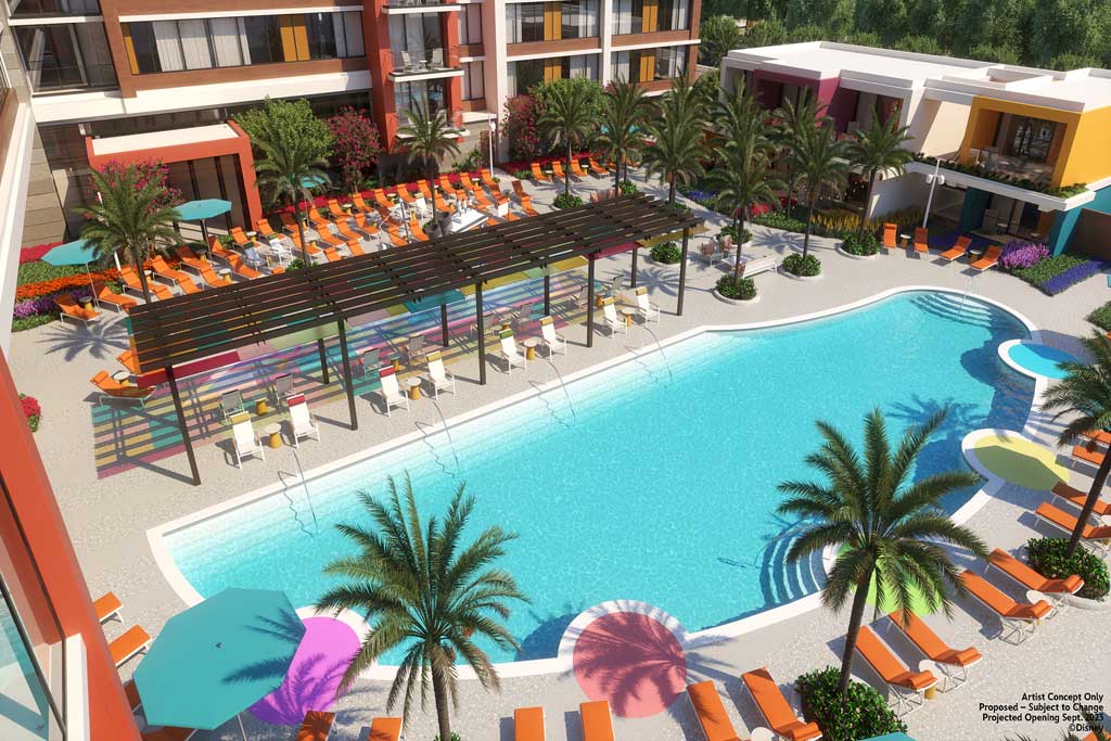 Guests can spend time at the colorful and modern new pool at The Villas at Disneyland Hotel in Anaheim, Calif., when the tower opens on Sept. 28, 2023. The area will feature a snack bar, cabanas, and more. (Artist Concept/Walt Disney Imagineering) 