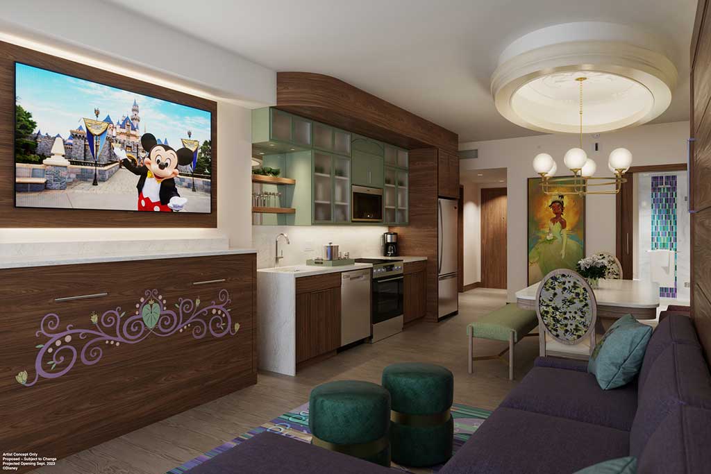The whole family will enjoy the comforts of home in the one- and two-bedroom villas at The Villas at Disneyland Hotel, which will sleep up to five and nine guests, respectively. With the magical touch of either “Fantasia” or “The Princess and the Frog” themes, each villa will make you feel at home with a washer and dryer, spacious living areas, and a full-size kitchen. (Artist Concept/Walt Disney Imagineering) 