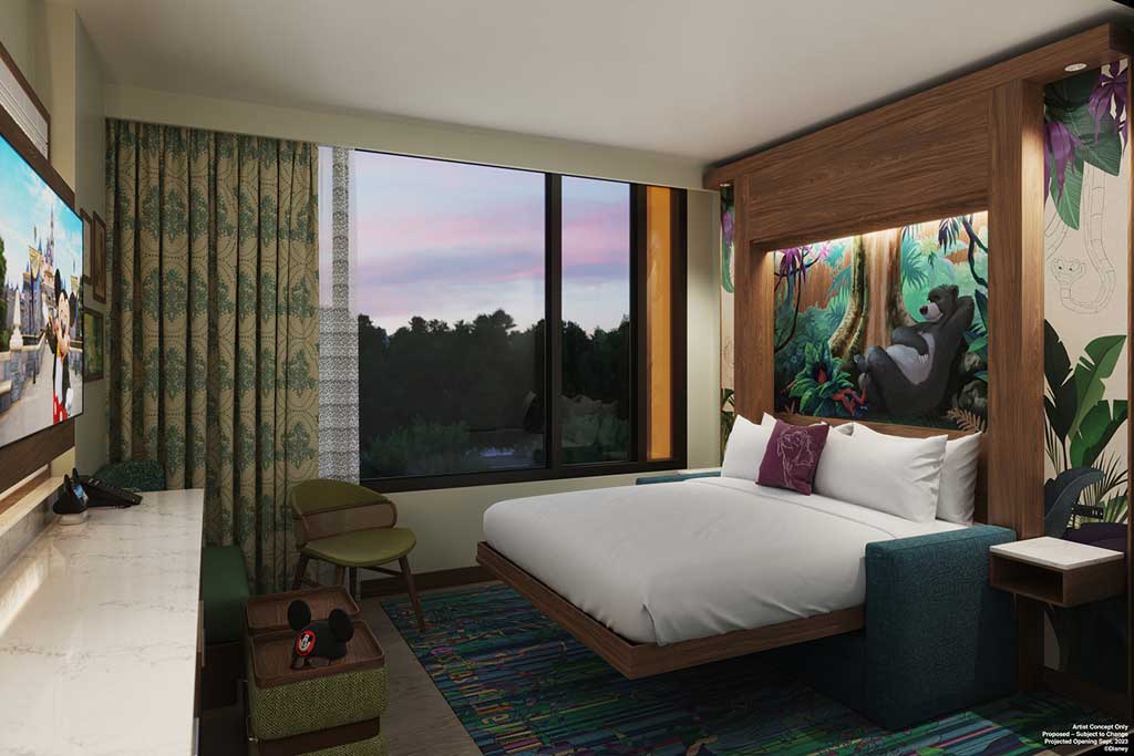  Inspired by "The Jungle Book", the newest duo studios in The Villas at Disneyland Hotel are designed to sleep two guests. It's not just the “bare necessities”; this space will feature a wall-mounted TV, a split bathroom, and a queen-size bed that tucks into the wall to reveal a couch when not in use. (Artist Concept/Walt Disney Imagineering) 