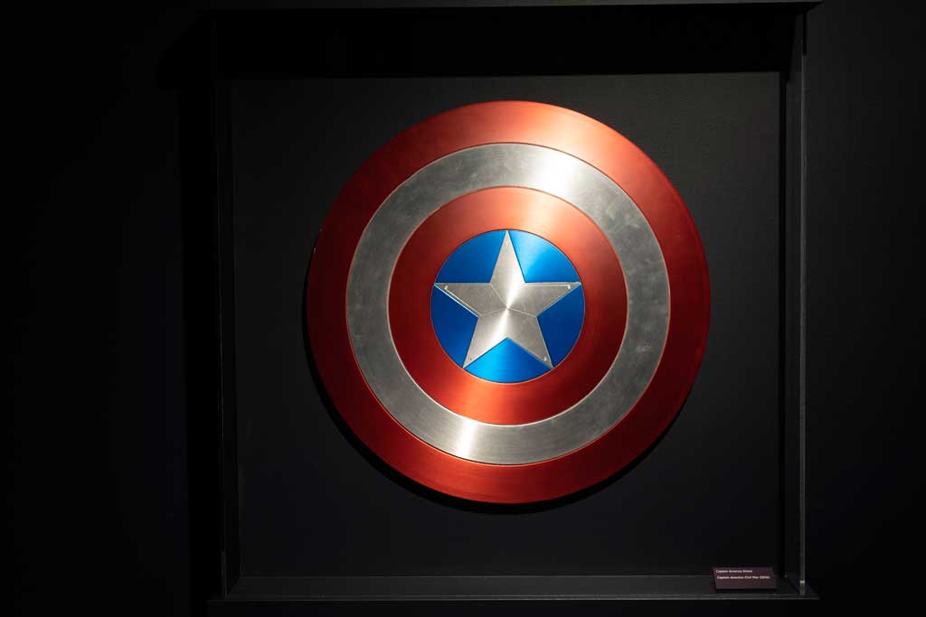 Captain America shield used in Captain America: Civil War (2016) on display at Disney100: The Exhibition, now open at The Franklin Institute in Philadelphia. ©MARVEL