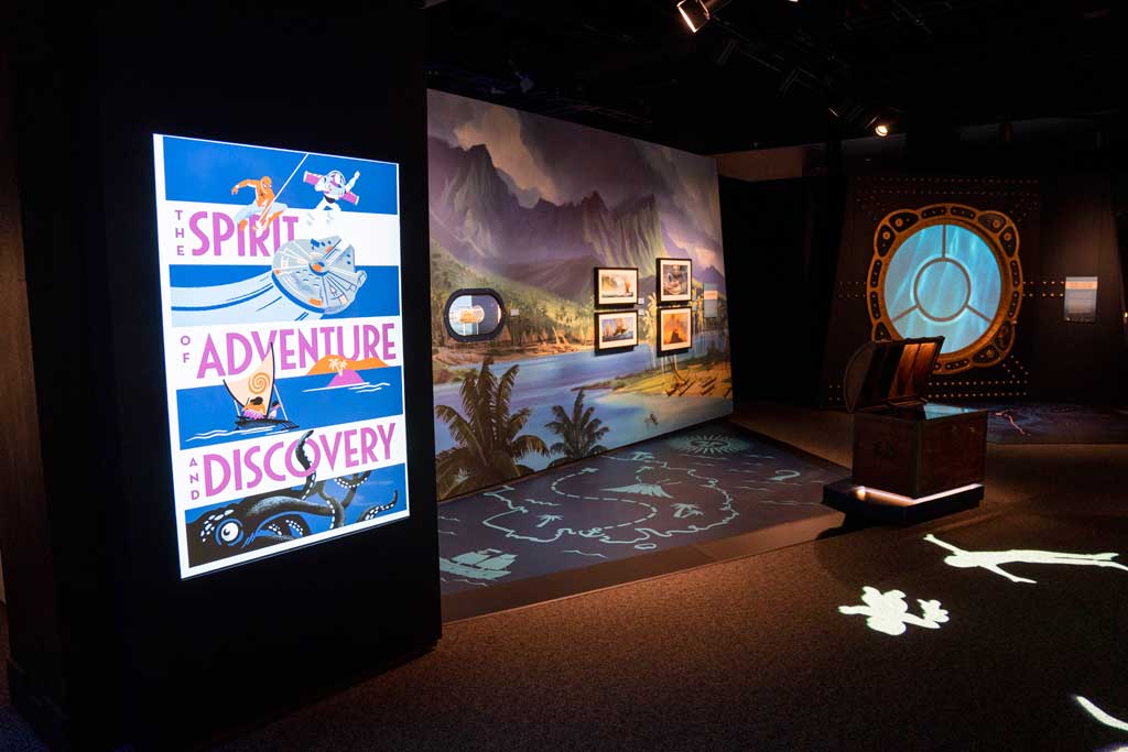 The Spirit of Adventure and Discovery gallery at Disney100: The Exhibition, now open at The Franklin Institute in Philadelphia. ©Disney ©MARVEL ©Disney/Pixar ©Pixar ©& TM Lucasfilm Ltd.