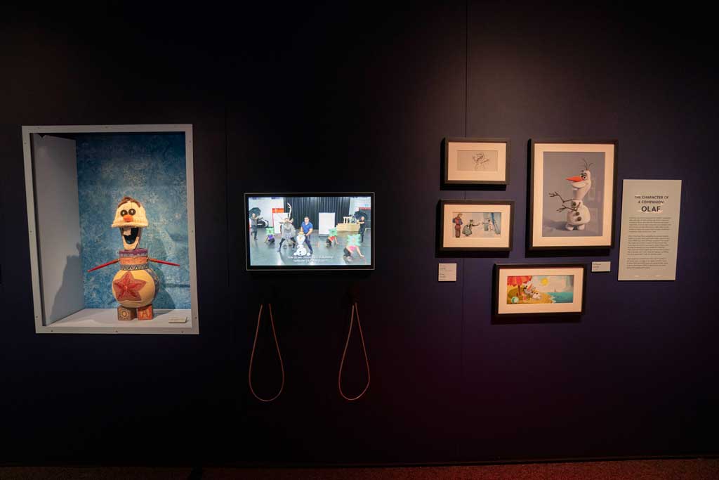 Olaf toy puppet from Frozen: The Broadway Musical (2018-present) on display inside The Illusion of Life gallery at Disney100: The Exhibition, now open at The Franklin Institute in Philadelphia. ©Disney