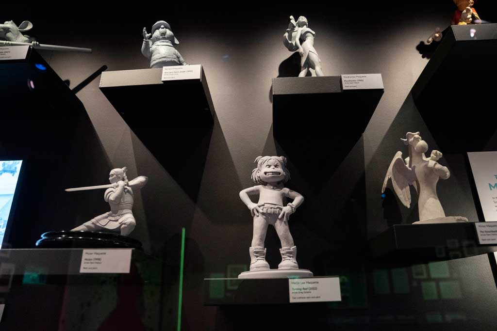Animation maquettes display inside The Illusion of Life gallery at Disney100: The Exhibition, now open at The Franklin Institute in Philadelphia. ©Disney ©Disney/Pixar ©Pixar