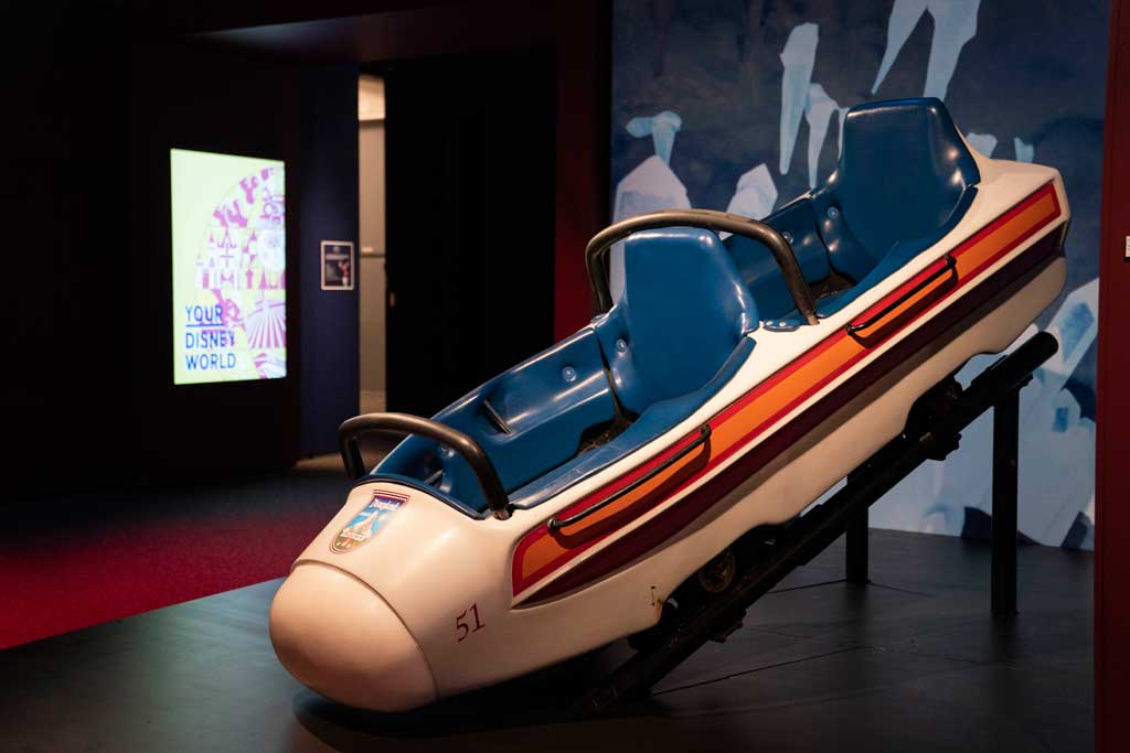 Attraction vehicle from Matterhorn Bobsleds at Disneyland Park on display at Disney100: The Exhibition, now open at The Franklin Institute in Philadelphia. ©Disney