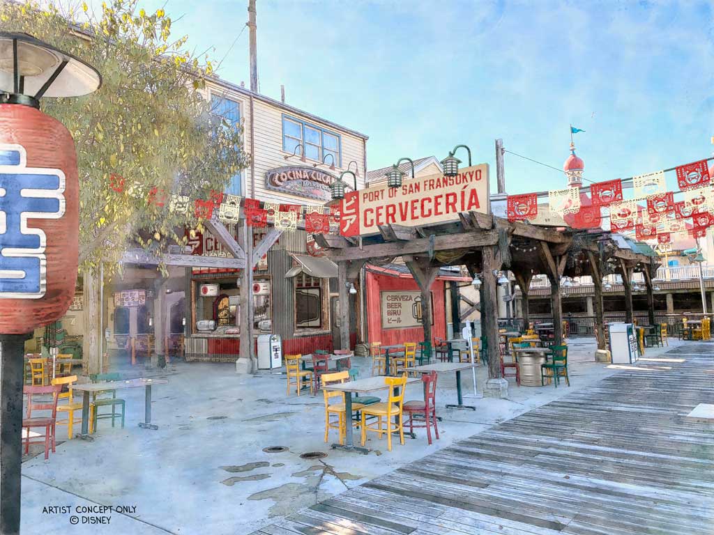 One of the new offerings coming to San Fransokyo Square at Disney California Adventure Park in Anaheim, Calif., in summer of 2023, will be the new Port of San Fransokyo Cervecería. This new location draws inspiration from its tri-cultural influences, with signage in English, Japanese and Spanish. The Pacific Wharf is currently undergoing an exciting transformation into San Fransokyo Square, inspired by Walt Disney Animation Studios’ Academy Award®-winning “Big Hero 6.” (Artist Concept/Disneyland Resort)