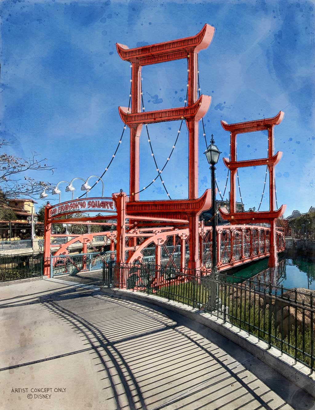 When the transformation to San Fransokyo Square is completed in summer 2023, an iconic landmark of the area will be the San Fransokyo Gate Bridge (depicted here), which will span the tide pools linking San Fransokyo Square to the Paradise Gardens Park obelisk. The Pacific Wharf is currently undergoing an exciting transformation into San Fransokyo Square, inspired by Walt Disney Animation Studios’ Academy Award®-winning “Big Hero 6.” (Artist Concept/Disneyland Resort)